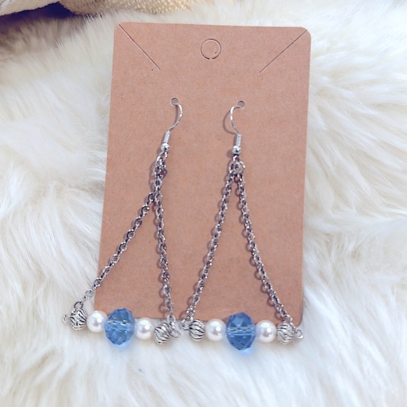 Stunning Chain Earrings Czech Blue Sapphire 8mm Round Faceted Beads+Pearl+Beaded - Picture 5 of 16